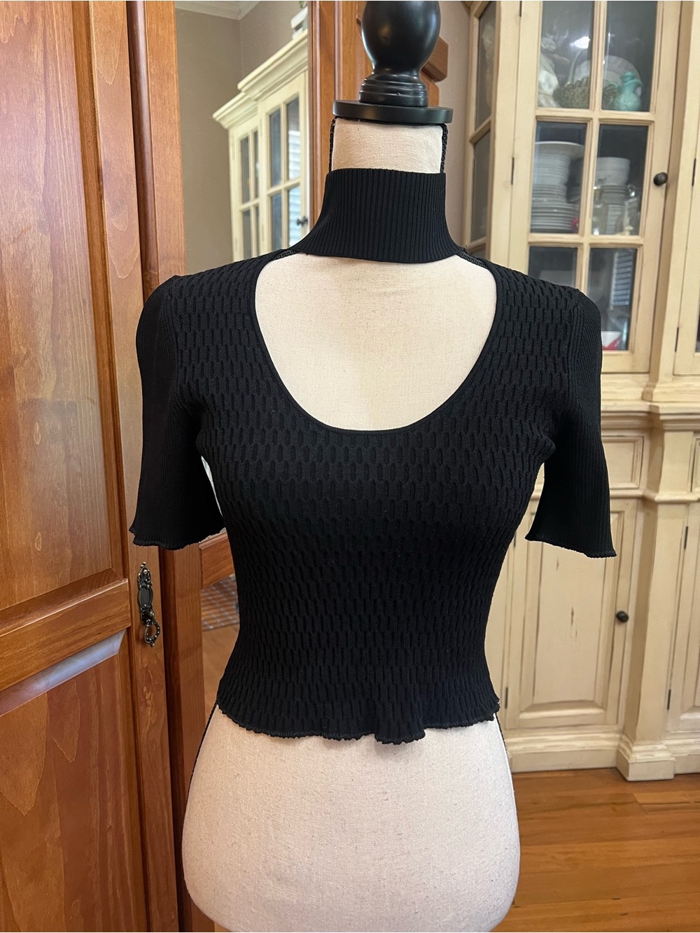 Milly Black Cutout Mock Neck Ribbed Crop Top